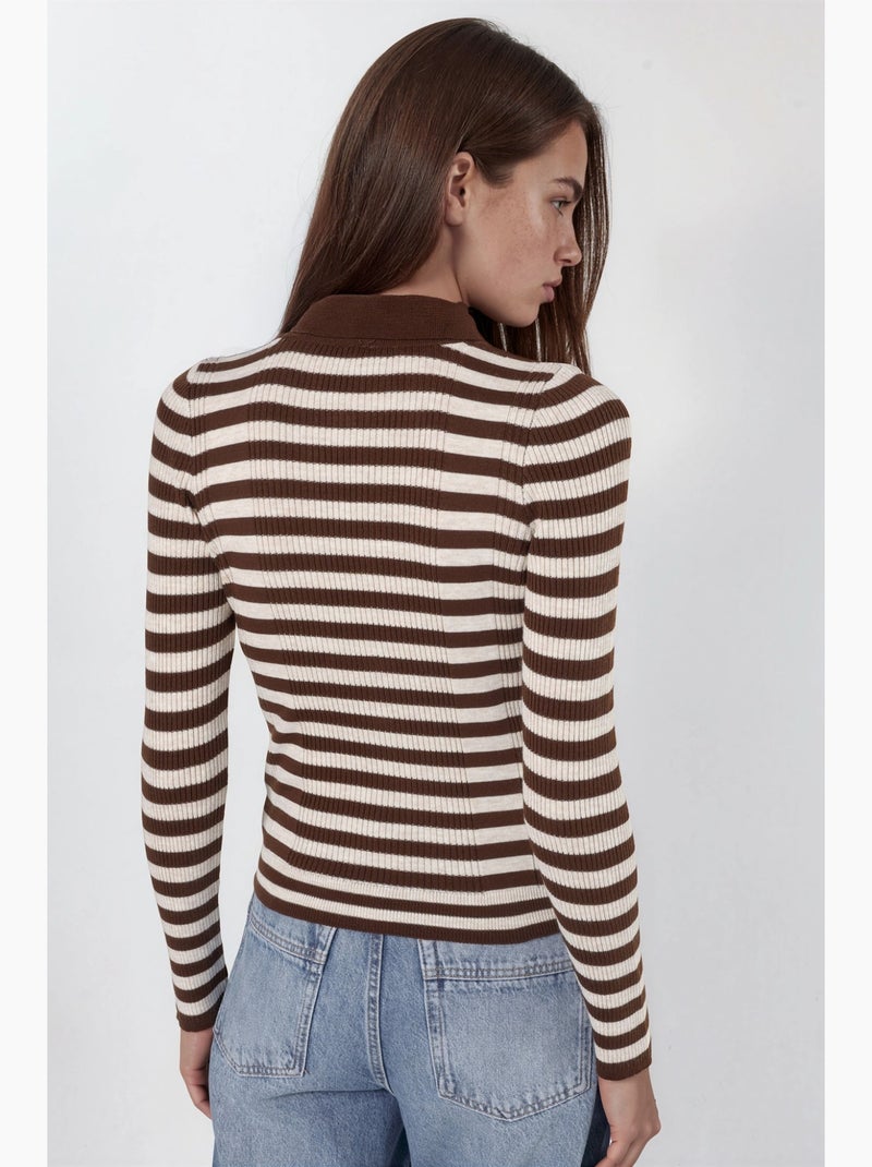 Pull rayé en maille côtelée col polo à boutons hiccup Marron chocolat - Kiabi