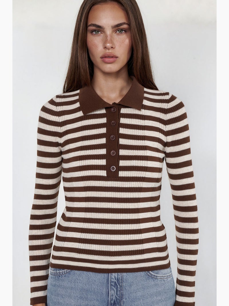 Pull rayé en maille côtelée col polo à boutons hiccup Marron chocolat - Kiabi