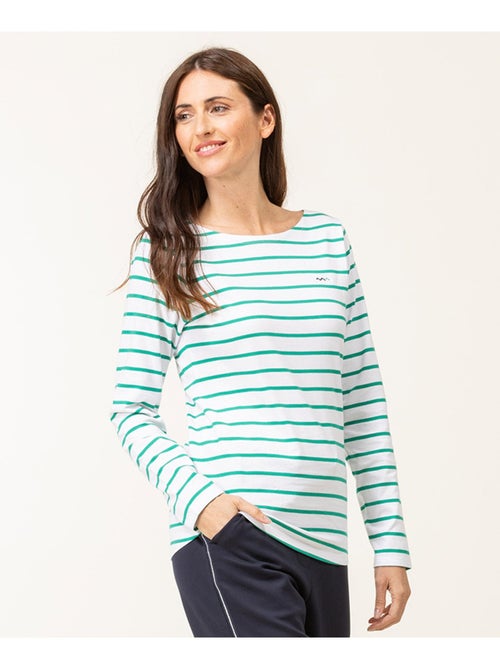 Pull rayé Femme fond bleu marine rayures blanches - Terre de Marins - Kiabi