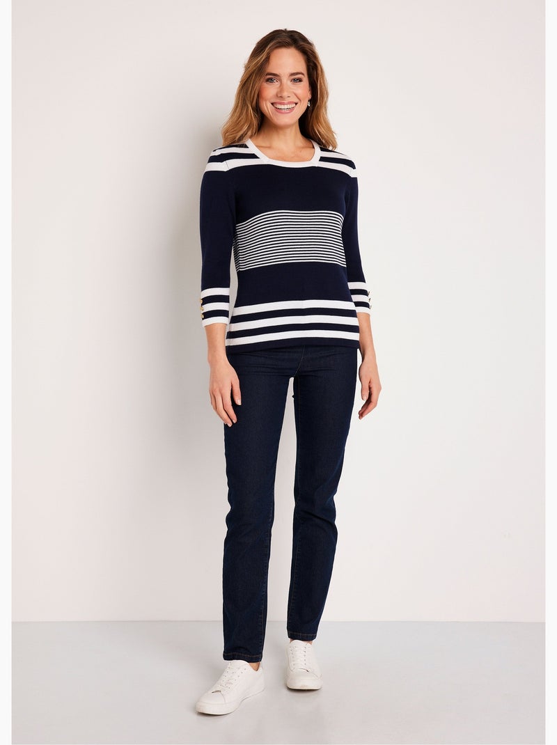 Pull rayé manches 3/4 coton - Afibel Bleu - Kiabi