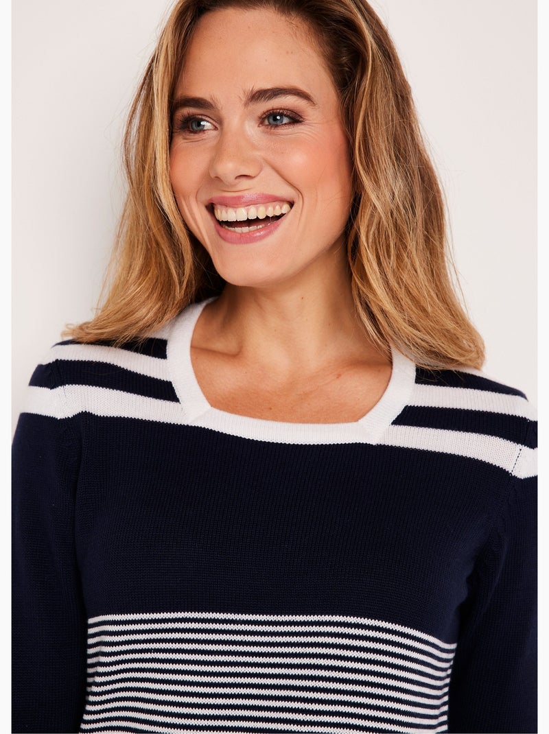 Pull rayé manches 3/4 coton - Afibel Bleu - Kiabi