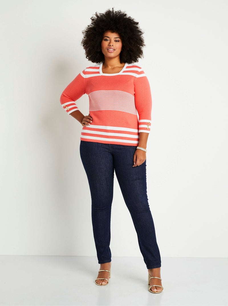 Pull rayé manches 3/4 coton - Afibel Rose - Kiabi