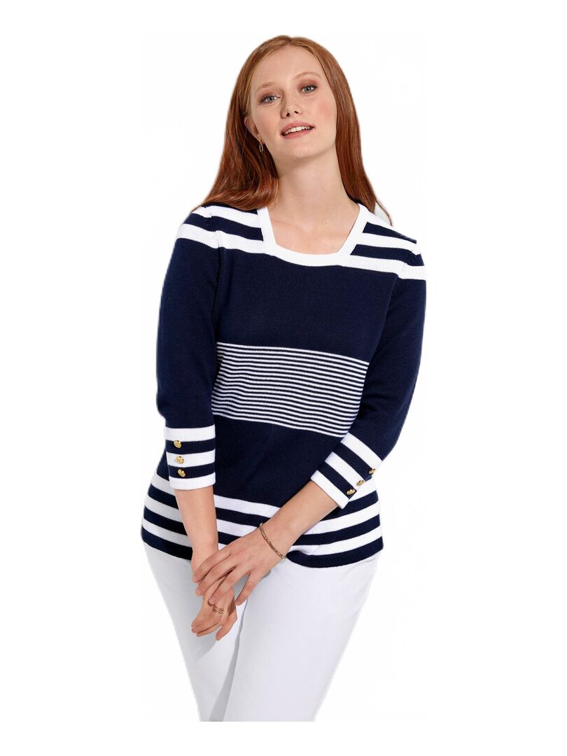 Pull rayé manches 3/4 coton Bleu - Kiabi