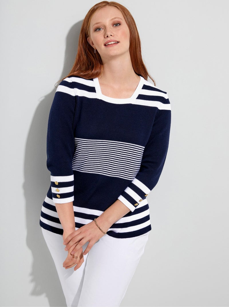 Pull rayé manches 3/4 coton Bleu - Kiabi