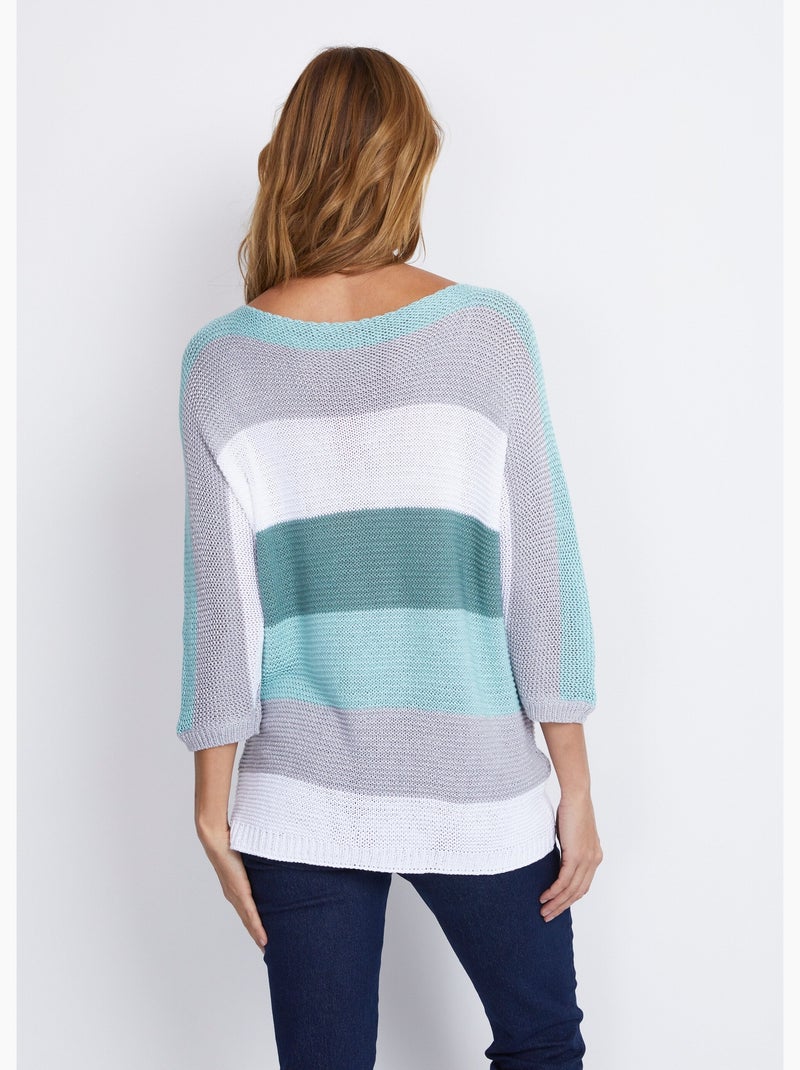 Pull rayé manches 3/4 point mousse - Afibel Bleu gris - Kiabi