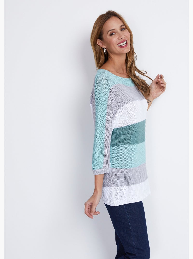 Pull rayé manches 3/4 point mousse - Afibel Bleu gris - Kiabi