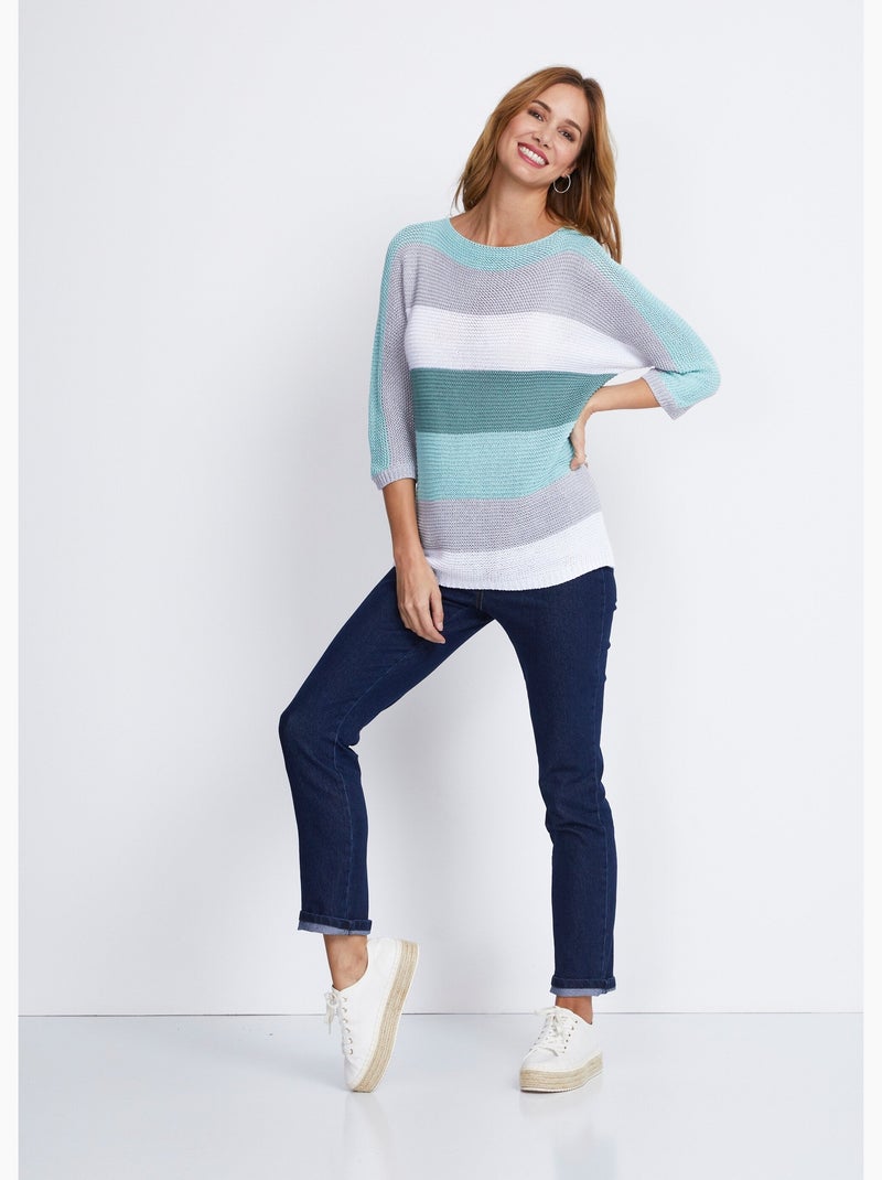 Pull rayé manches 3/4 point mousse - Afibel Bleu gris - Kiabi