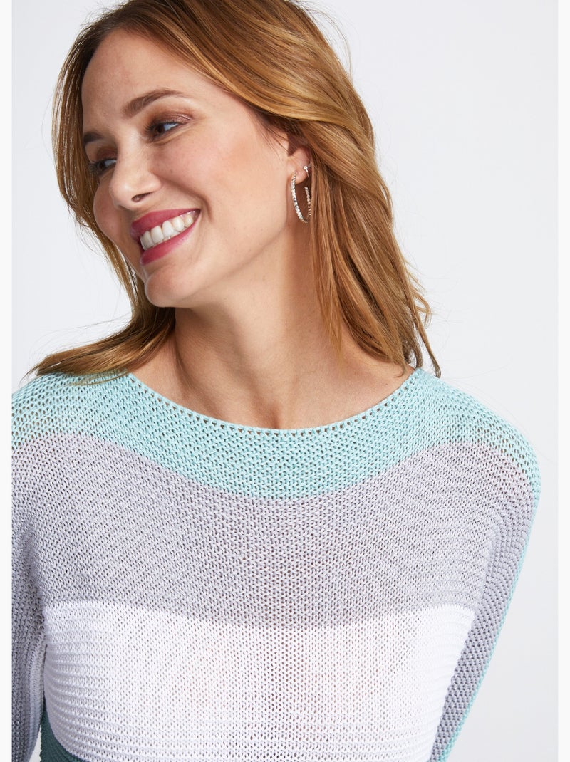 Pull rayé manches 3/4 point mousse - Afibel Bleu gris - Kiabi