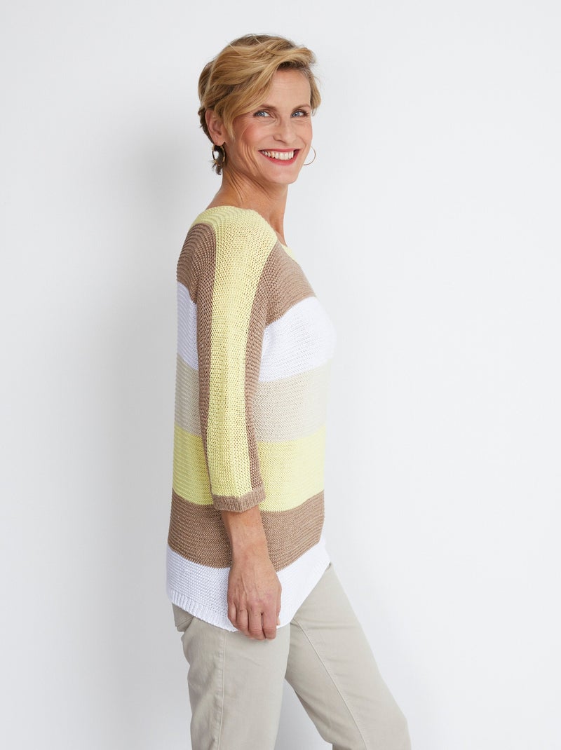 Pull rayé manches 3/4 point mousse - Afibel Jaune or - Kiabi