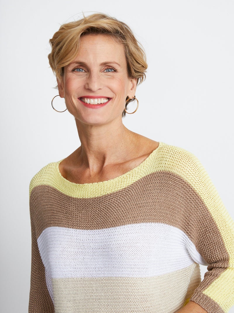Pull rayé manches 3/4 point mousse - Afibel Jaune or - Kiabi