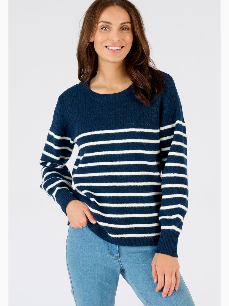 Pull rayures et maille ajourée Thermolactyl - Damart Bleu - Kiabi