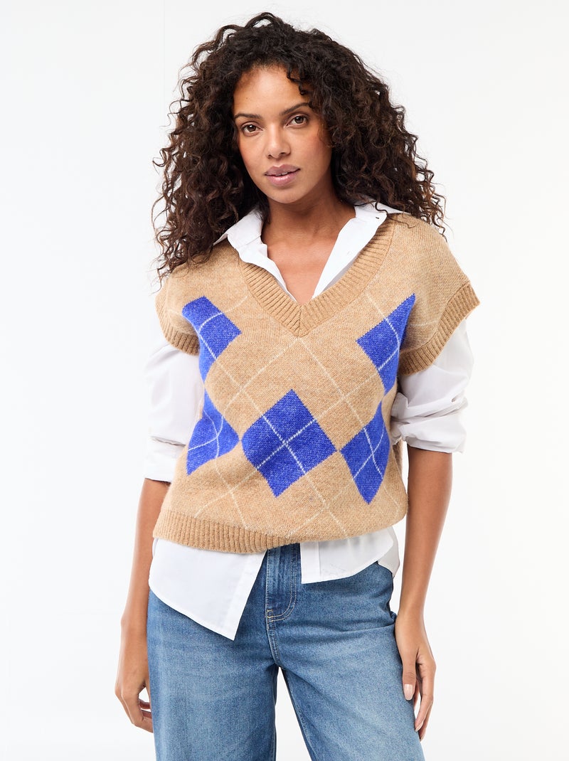 Pull sans manches à motifs losanges Beige - Kiabi