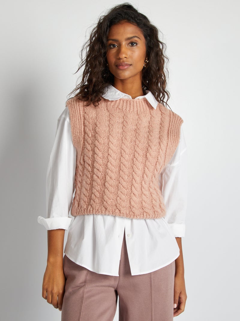 Pull sans manches avec maille torsadée Rose - Kiabi