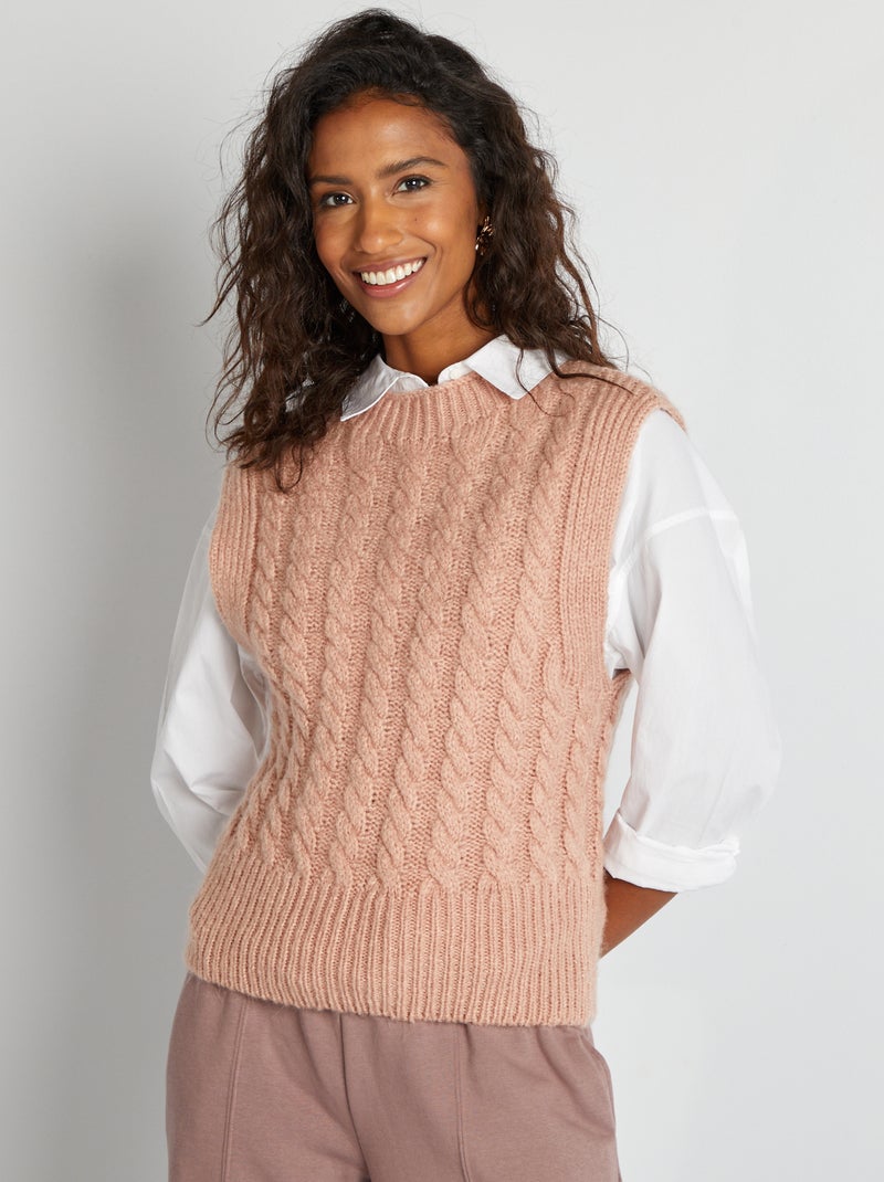 Pull sans manches avec maille torsadée Rose - Kiabi