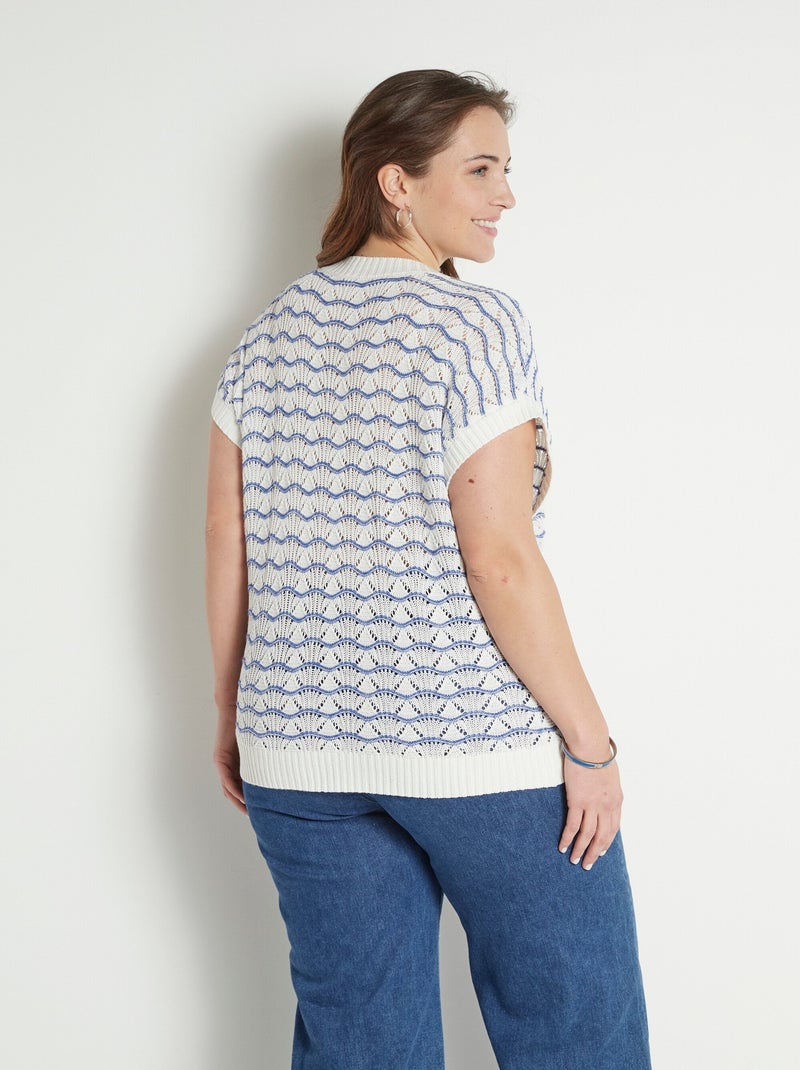 Pull sans manches col V ajouré bicolore - Afibel Bleu Ecru - Kiabi