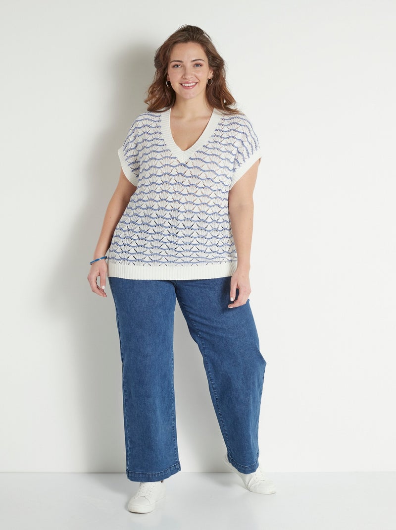 Pull sans manches col V ajouré bicolore - Afibel Bleu Ecru - Kiabi