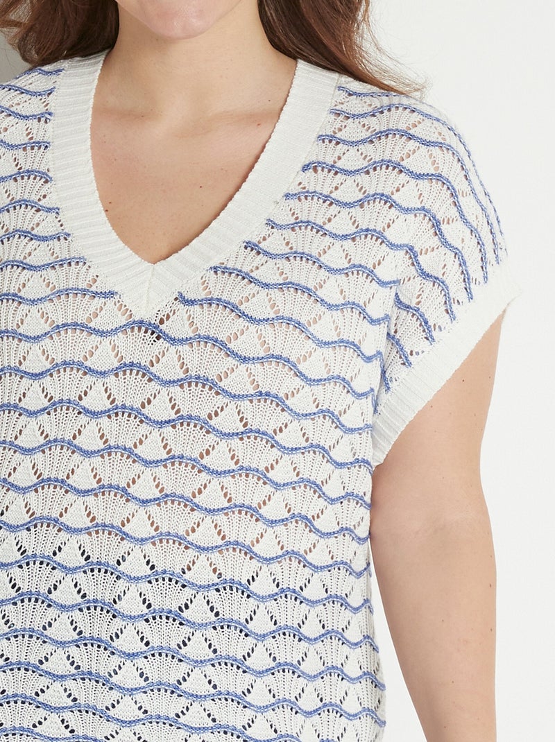 Pull sans manches col V ajouré bicolore - Afibel Bleu Ecru - Kiabi