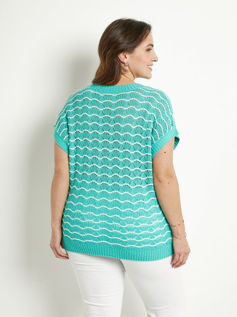 Pull sans manches col V ajouré bicolore - Afibel Menthe - Kiabi