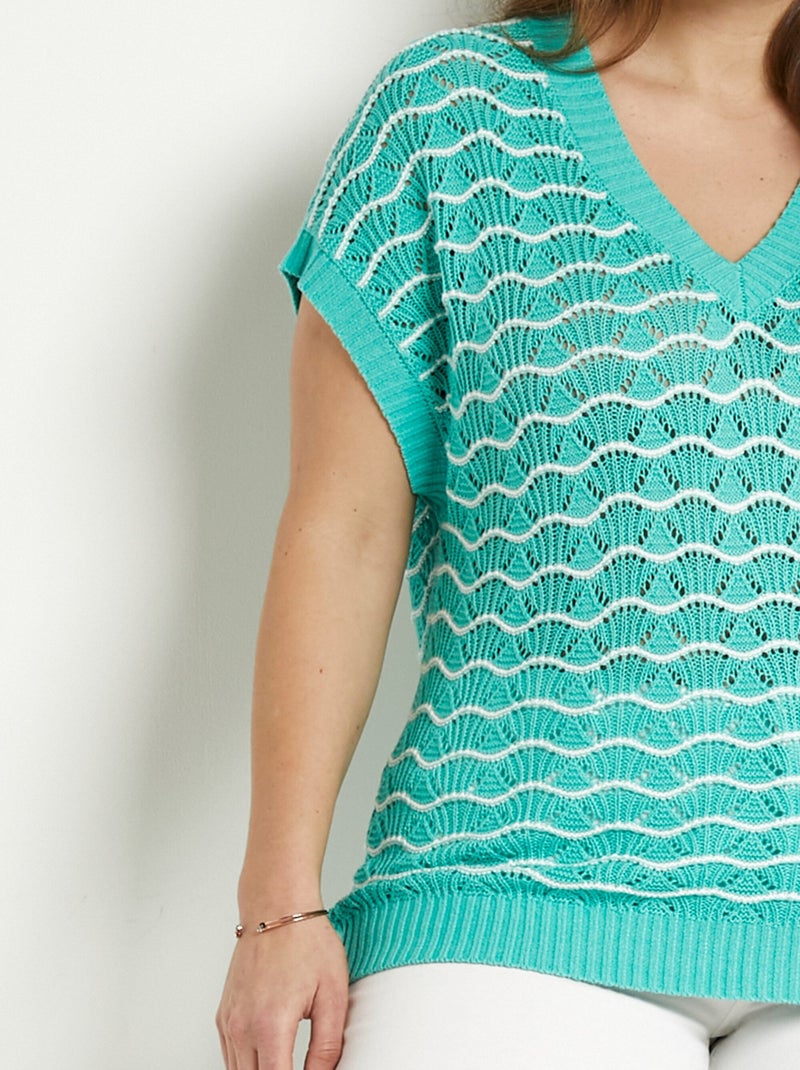 Pull sans manches col V ajouré bicolore - Afibel Menthe - Kiabi