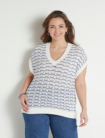 Pull sans manches col V ajouré bicolore