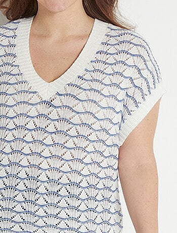 Pull sans manches col V ajouré bicolore