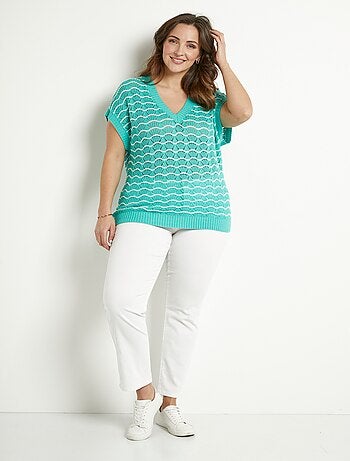 Pull sans manches col V ajouré bicolore