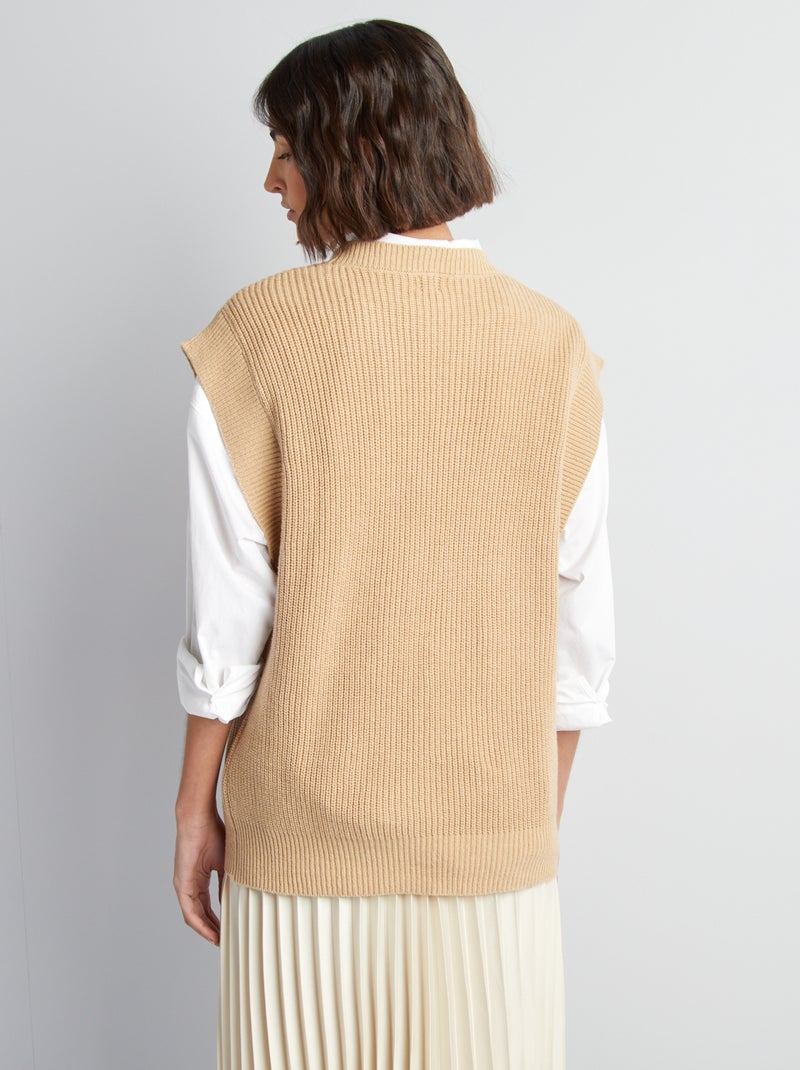 Pull sans manches col V Beige - Kiabi