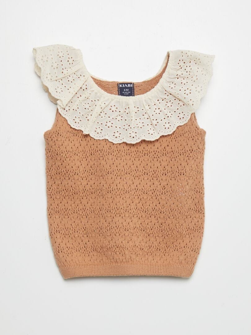 Pull sans manches en broderie anglaise Marron - Kiabi