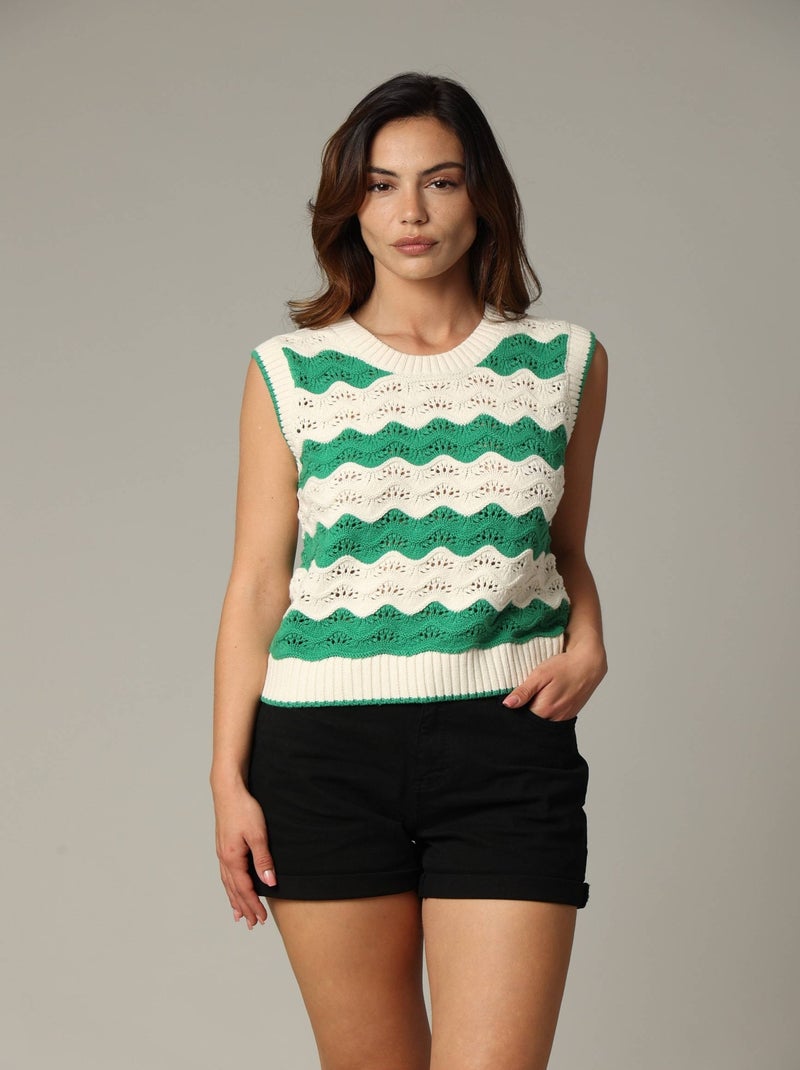 Pull sans manches en crochet coton avec col rond 'Deeluxe' Vert - Kiabi