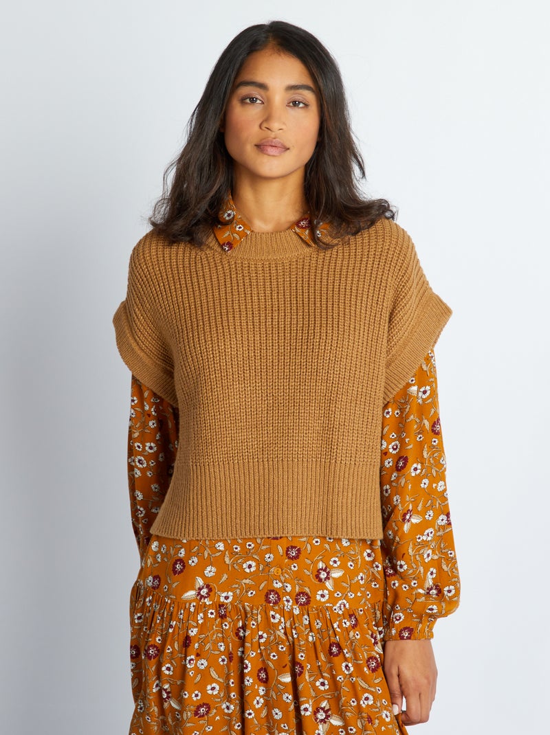 Pull sans manches en grosse maille camel - Kiabi