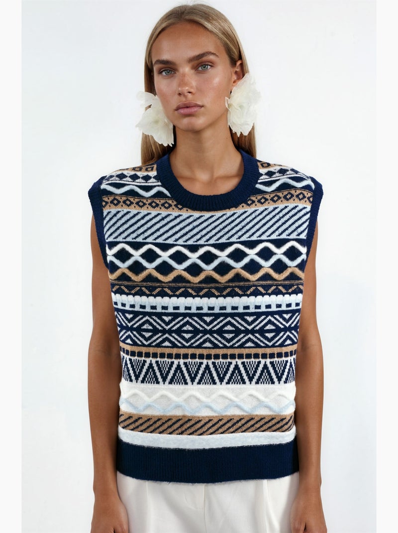 Pull sans manches en maille à motif géométrique hiccup Bleu Blanc - Kiabi