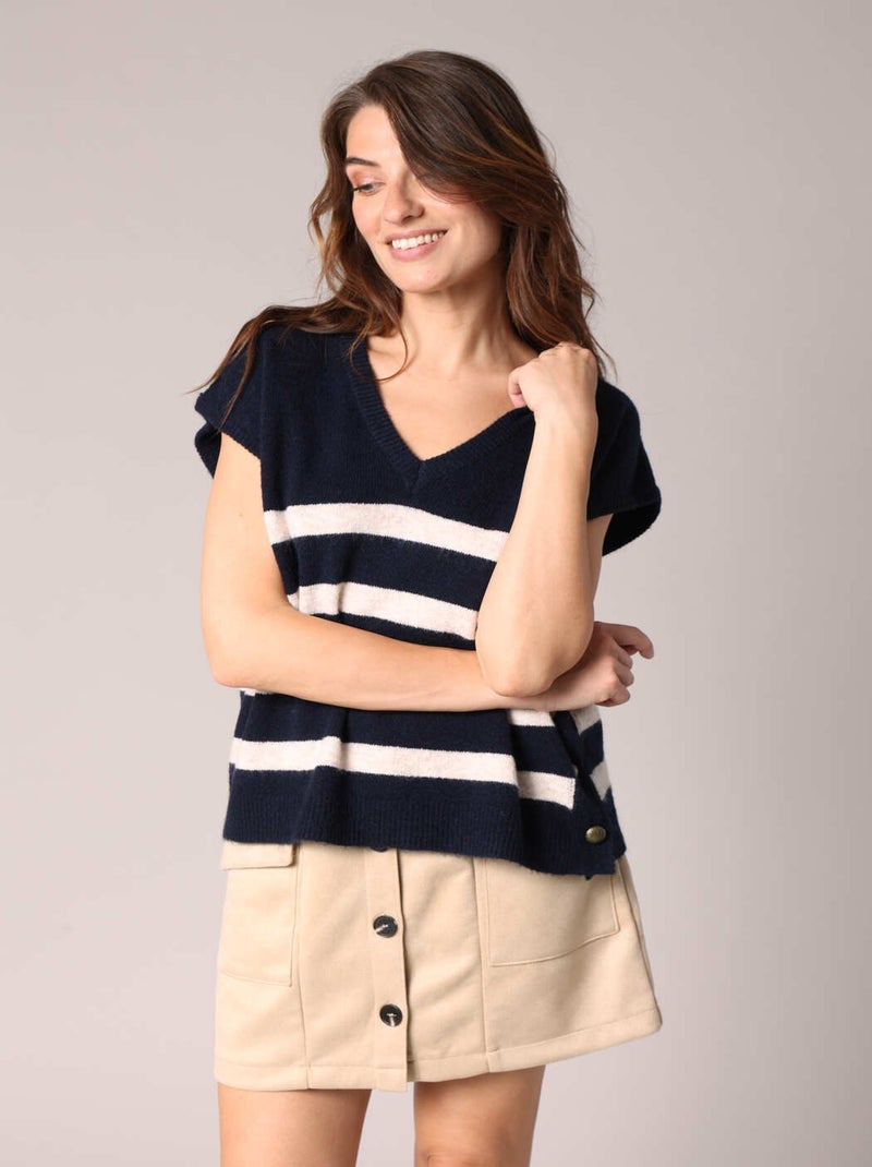 Pull sans manches en maille marinière avec boutons fantaisies
 'Deeluxe' Bleu marine - Kiabi
