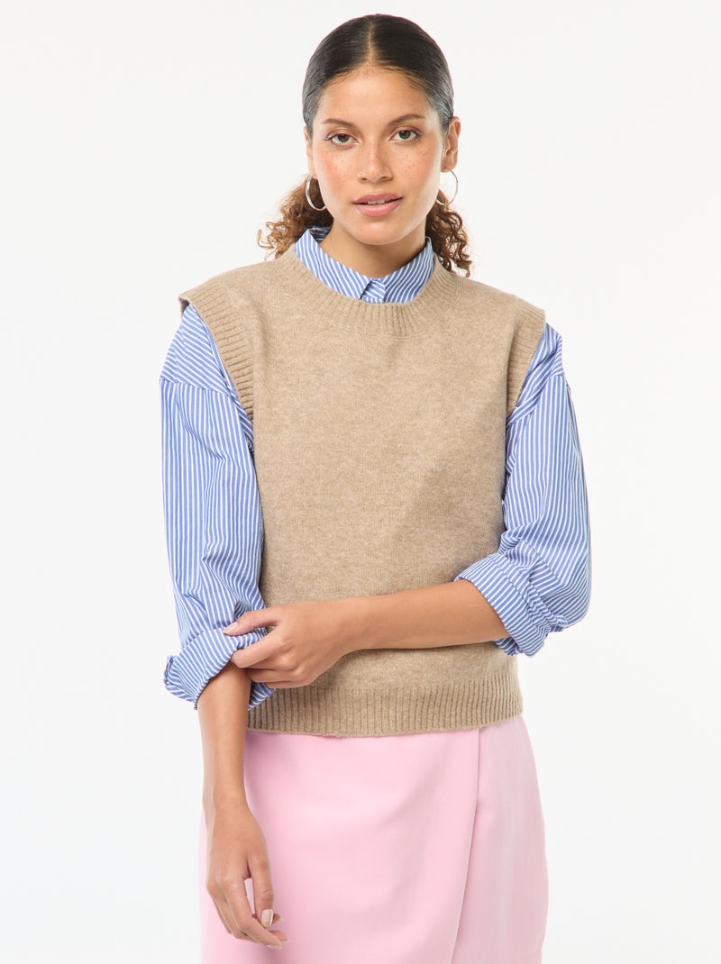 Pull sans manches en maille tricot Beige - Kiabi