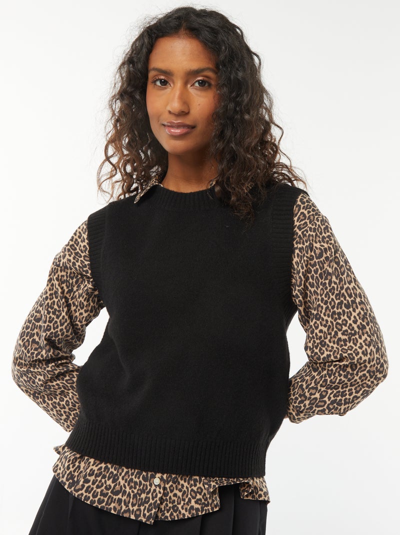 Pull sans manches en maille tricot Noir - Kiabi