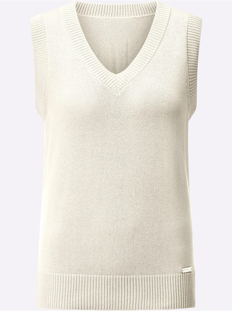 Pull sans manches en tricot avec col v et finitions côtelées - taille standard - witt Blanc cassé - Kiabi