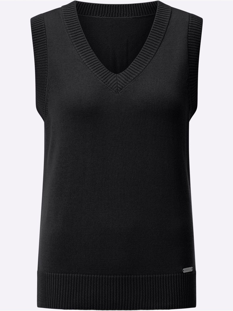 Pull sans manches en tricot avec col v et finitions côtelées - taille standard - witt Noir - Kiabi