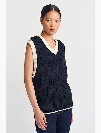 Pull sans manches femme à col v et torsades dilvin