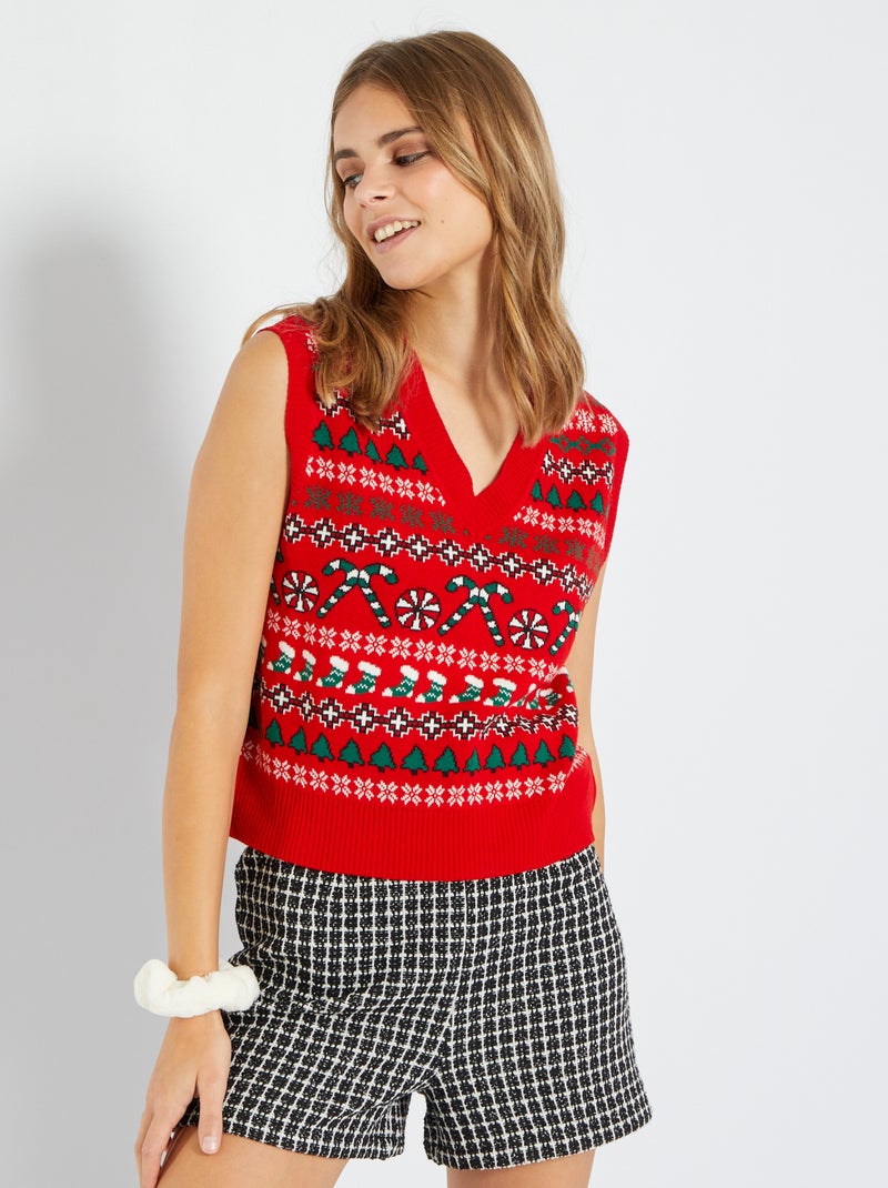 Pull sans manches imprimé Noël Rouge - Kiabi
