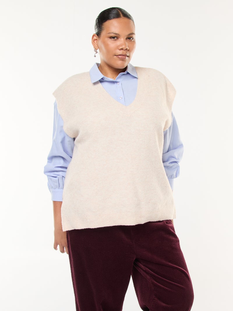 Pull sans manches uni en maille tricot Beige - Kiabi
