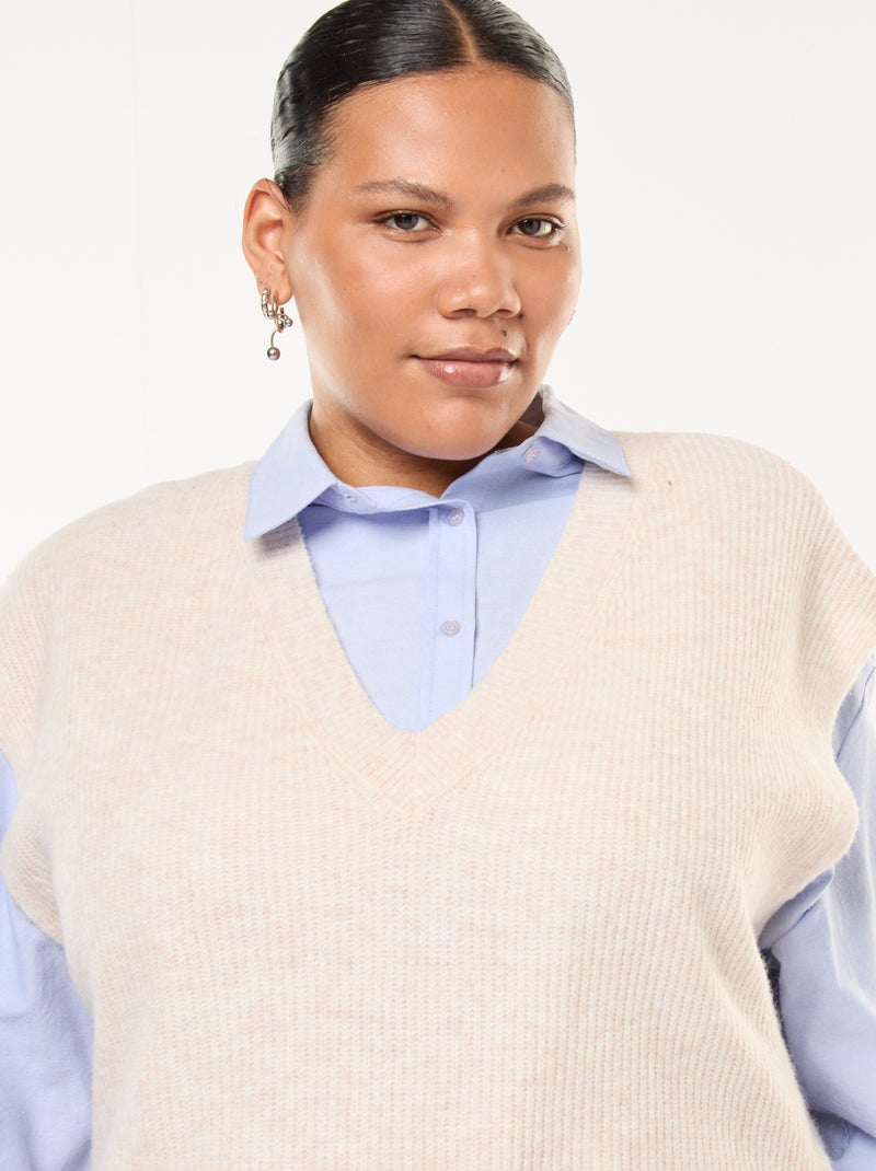 Pull sans manches uni en maille tricot Beige - Kiabi