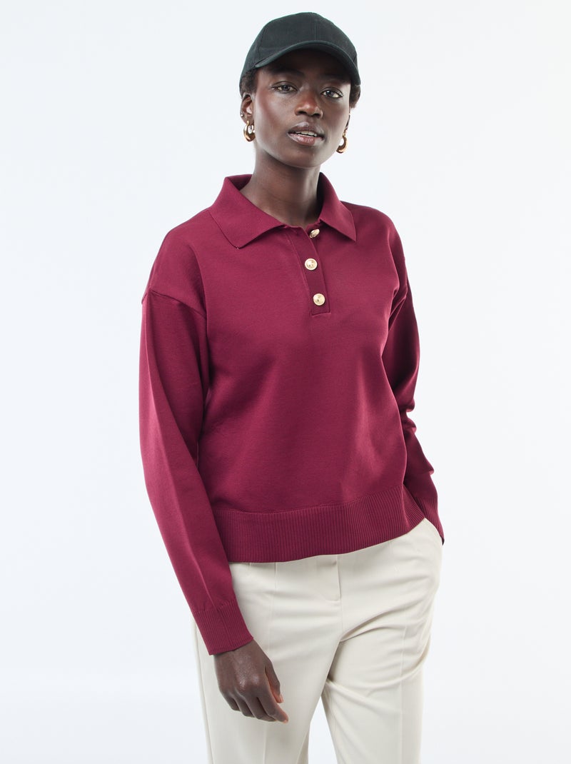 Pull style polo en maille stretch Rouge Femme Kiabi