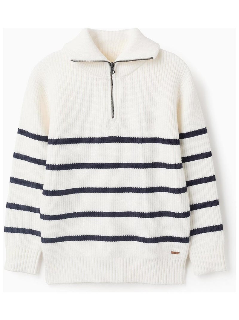 Pull Sweat Knit tricoté, rayé, zippé, velours, avec noeud ISTANBUL Blanc - Kiabi