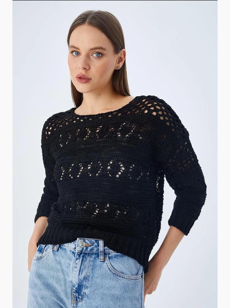 Pull texturé à col ras du cou et manches trois-quarts mixray Noir - Kiabi