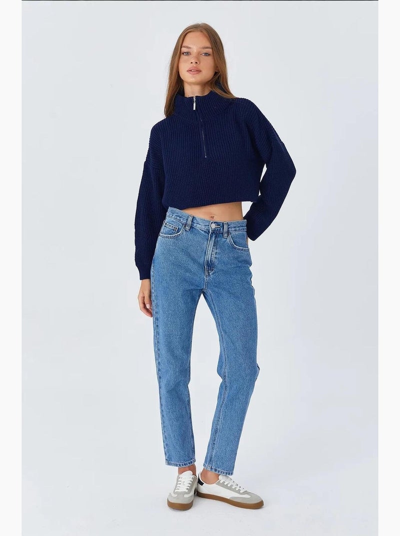 Pull texturé à manches longues et col zippé mixray Bleu marine - Kiabi