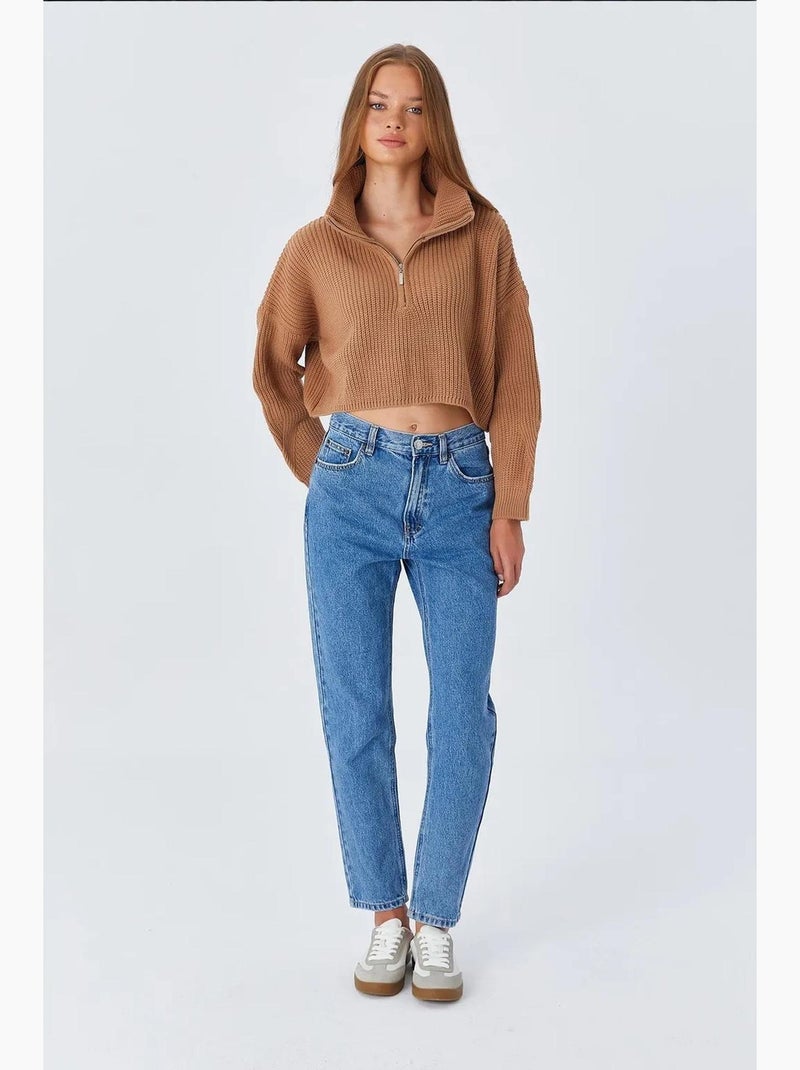 Pull texturé à manches longues et col zippé mixray Camel - Kiabi