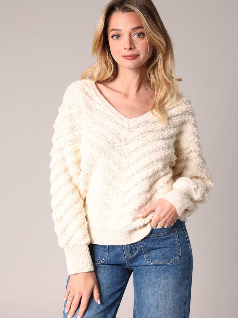 Pull texturé avec col en V et manches bouffantes 'Deeluxe' Beige argile - Kiabi