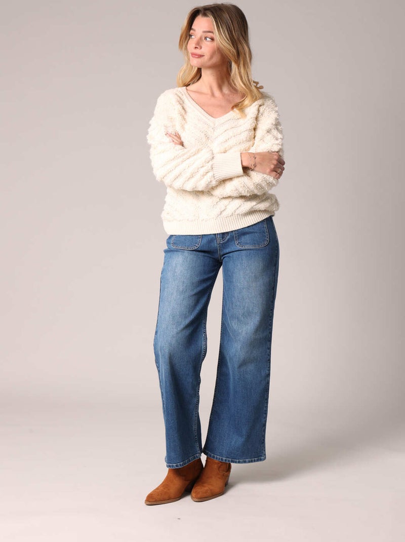 Pull texturé avec col en V et manches bouffantes 'Deeluxe' Beige argile - Kiabi