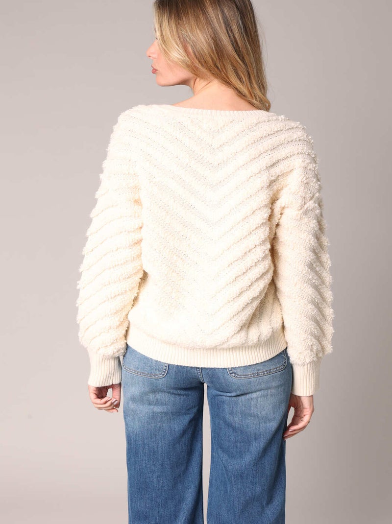 Pull texturé avec col en V et manches bouffantes 'Deeluxe' Beige argile - Kiabi