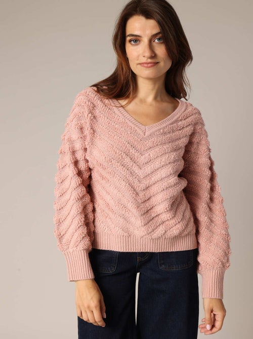 Pull texturé avec col en V et manches bouffantes 'Deeluxe' - Kiabi