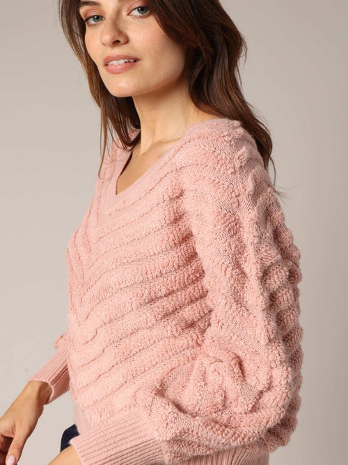 Pull texturé avec col en V et manches bouffantes 'Deeluxe' - Kiabi